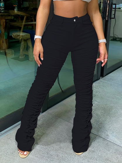 HY5159 Women's High-Waisted Stretchy Ruched Pants - Light Grey Casual Tapered Leggings with 95% Polyester 5% Elastane, Machine Washable All-Season Comfort