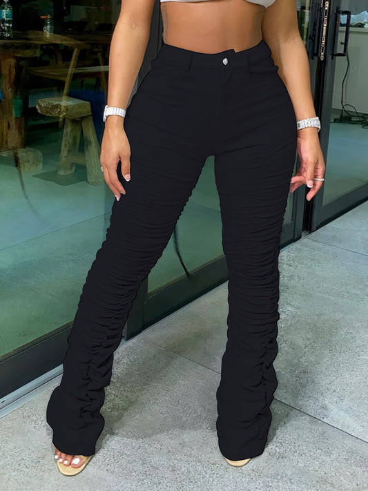 HY5159 Women's High-Waisted Stretchy Ruched Pants - Light Grey Casual Tapered Leggings with 95% Polyester 5% Elastane, Machine Washable All-Season Comfort