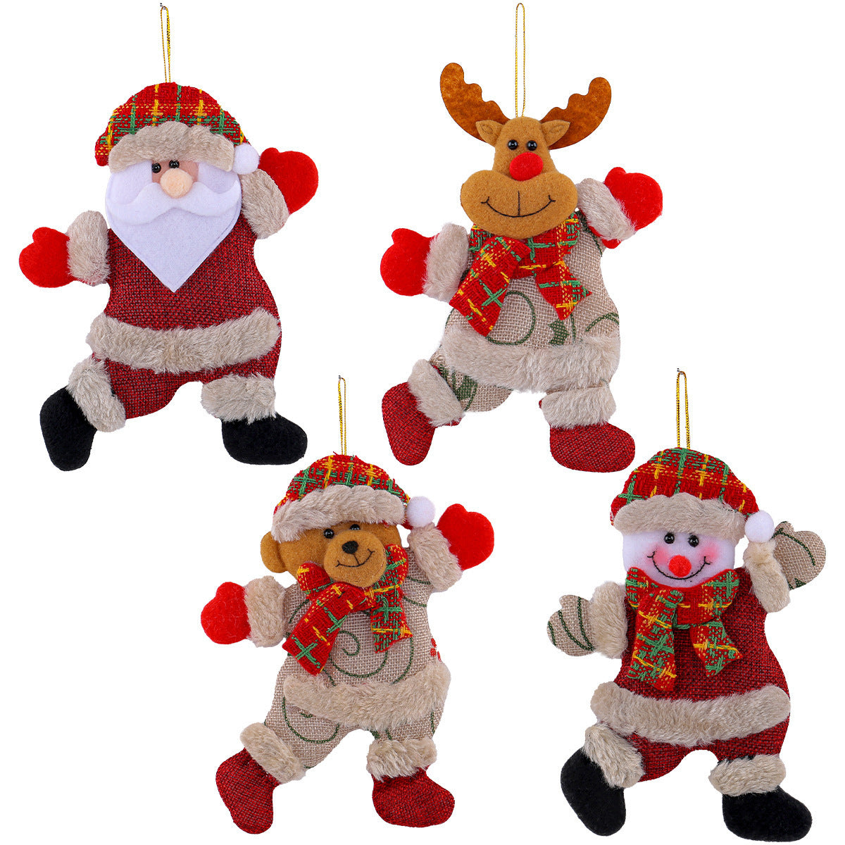 Festive Christmas Tree Ornaments - Santa, Snowman, Reindeer & Bear Figures With Red & White Scarves, Golden Balls & Red Bows - Perfect For Holiday Decor, Christmas Decorations