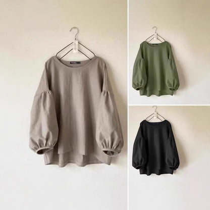 Women's Loose-fit Vintage Crew-neck Shirt With Puff Sleeves