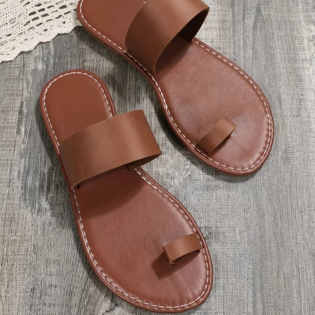 Women's Dark Brown Toe Loop Sandals - Comfortable Flat Slip-On Slides for Indoor & Outdoor Wear
