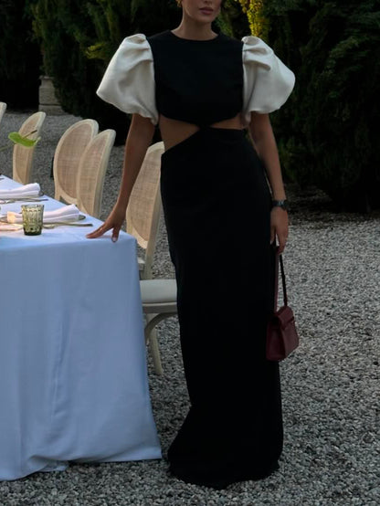 Contrast Color Balloon Sleeves Cutout Maxi Dress