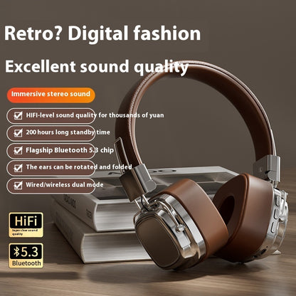 Premium Retro Wireless Bluetooth 5.3 Headphones - Over-Ear Bass Boost Headset with 200H Battery