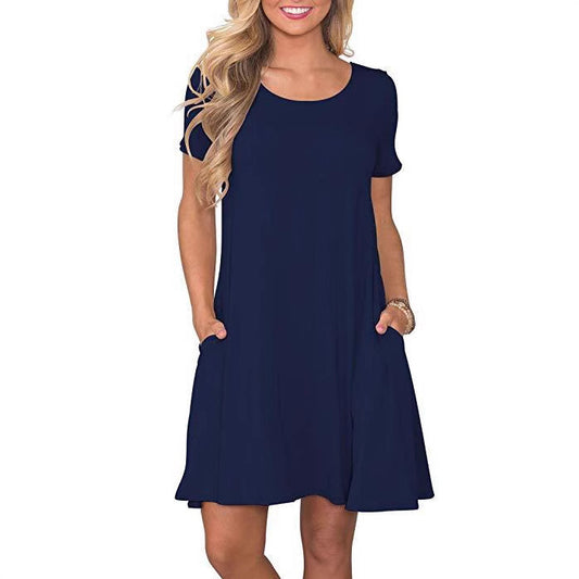 New Women's Round-neck Solid-color Casual Short-sleeve Swing Dress With Pockets