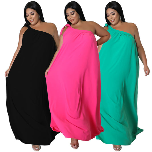 Sleeveless One-shoulder Halter Solid-color Dress Maxi Dress
