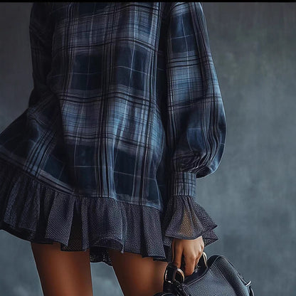 Women's Spring Collection Designer Plaid Dress With Ruffled Hem