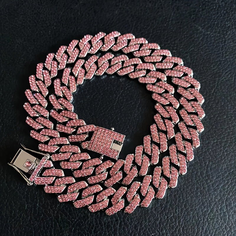 Men's Cuban Link Iced Out Necklace with Color Chains and Paved Rhinestones, Rapper CZ Cuban Chain Necklace for Women, Hip Hop Jewelry Gift