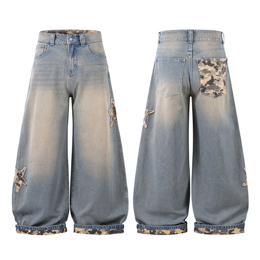 Camouflage Patchwork Star Patch Jeans For Men And Women Couples