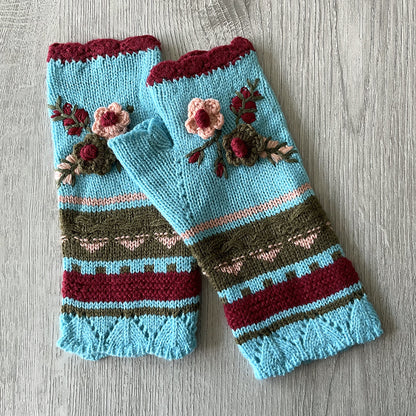 Handmade Crochet Fingerless Gloves - Vintage Embroidered Arm Warmers for Women