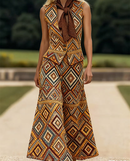 Women's Sleeveless Suit Collar Button-down Casual Skirt Suit