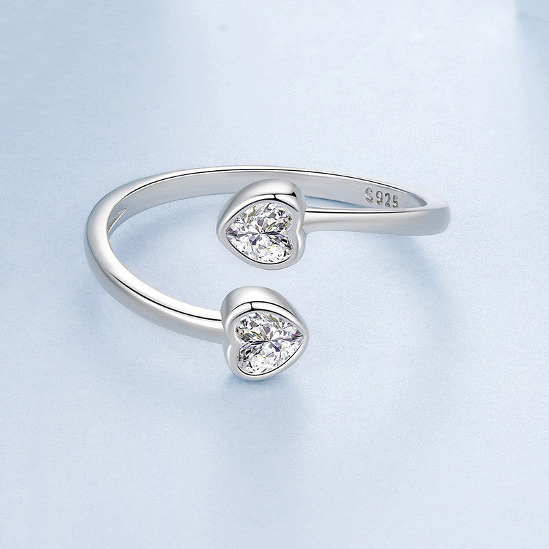 S925 Sterling Silver Double Heart-shaped Open Ring Valentine's Day Gift Heart-shaped Ring