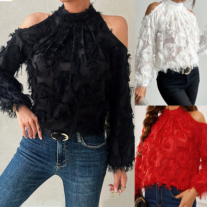 French-style Fringed Long-sleeve Off-shoulder Blouse For Everyday Commuting