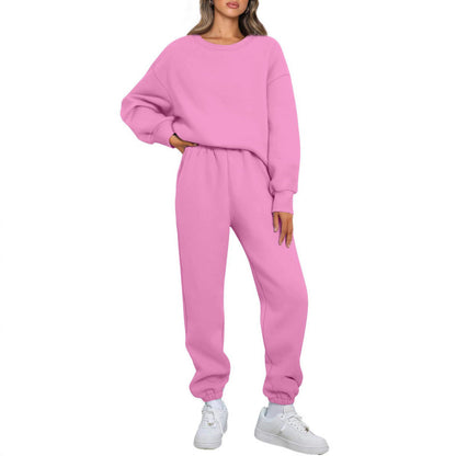 Winter Solid-color Fashionable Crew-neck Pullover With Fleece Lining