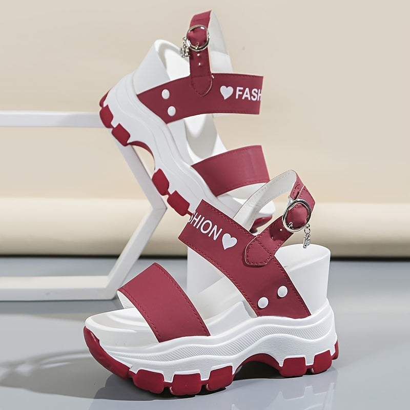 Women's Platform Wedge Sandals - Open Toe Ankle Strap Heels with Metal Buckle