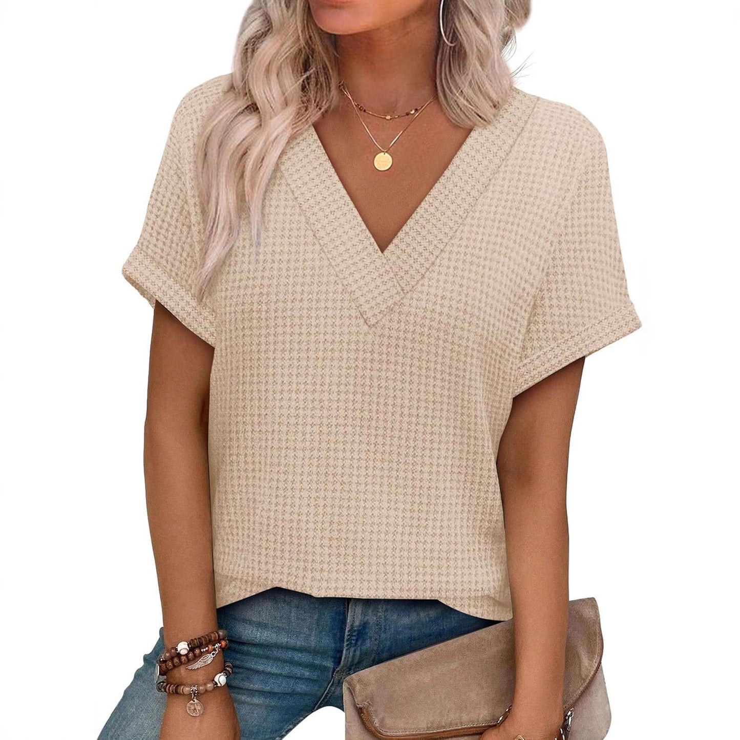 Casual Striped Textured Short-Sleeve Arrival V-Neck Knitted T-Shirt