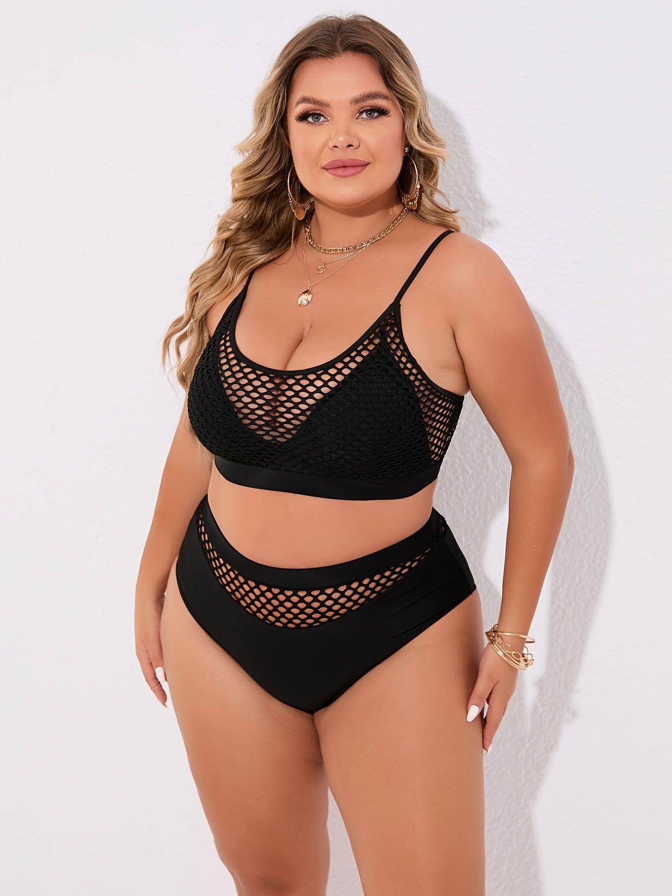 Plus Size Casual Bikini Set, Women's Plus Solid Contrast Fishnet Hollow Out High Stretch Crop Tank Top & Underwear Swimsuit Two Piece Set