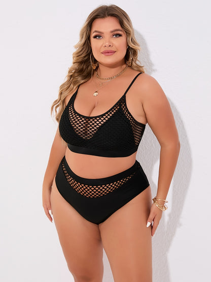 Plus Size Casual Bikini Set, Women's Plus Solid Contrast Fishnet Hollow Out High Stretch Crop Tank Top & Underwear Swimsuit Two Piece Set