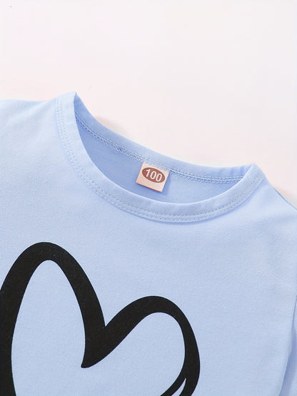 Girls' Fashion Set: Heart Print Round Neck Short Sleeve T-Shirt & Sweatpants 2pcs Casual Cotton Outfit, Perfect for Outdoor