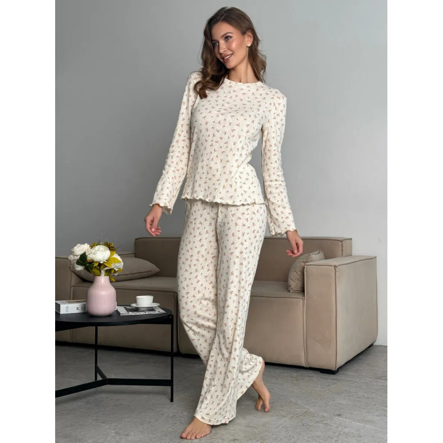 Women's Spring And Summer Floral Print Bell Sleeve Round Neck Top Wide Leg Pants Home Wear Suit
