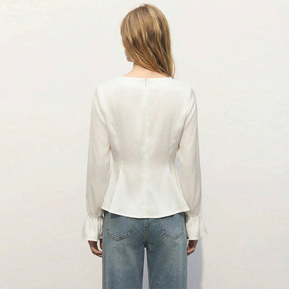 U-neck Puffed-sleeve Pullover Shirt
