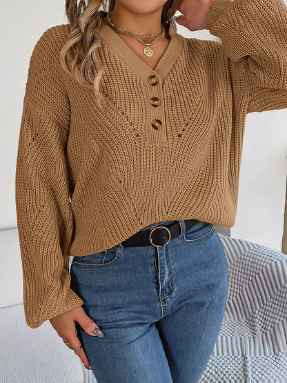 Women Hollow Out V-Neck Button Lantern Sleeve Pullover Sweater