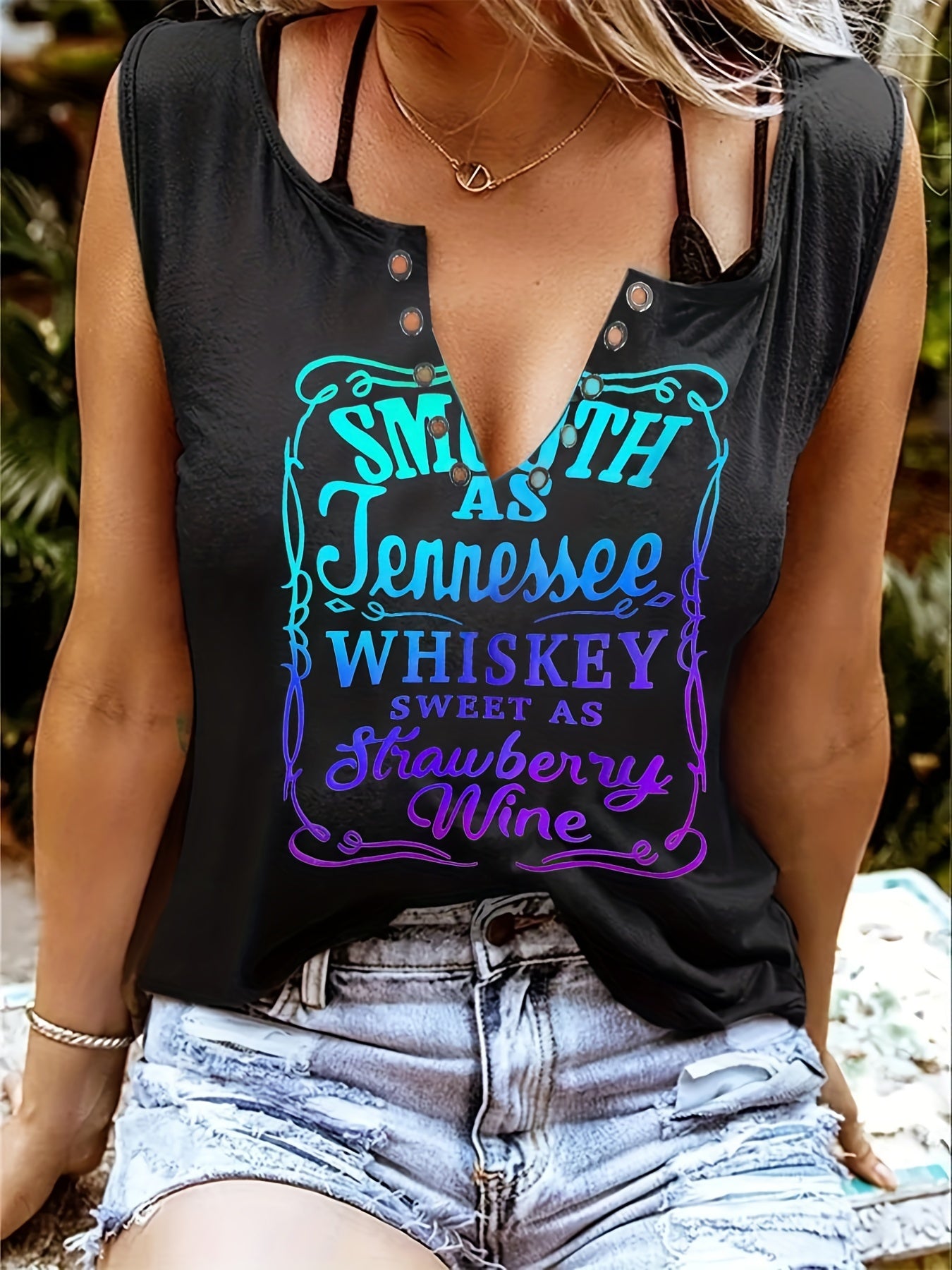 Smooth As Tennessee Whiskey Sweet As Strawberry Wine Women's Tank Top - Soft Pink Sleeveless V-Neck Casual Shirt with Bold Letter Print, Thick Strap Country Music Style, Machine Washable All-Season Wear, Festive Concert Attir