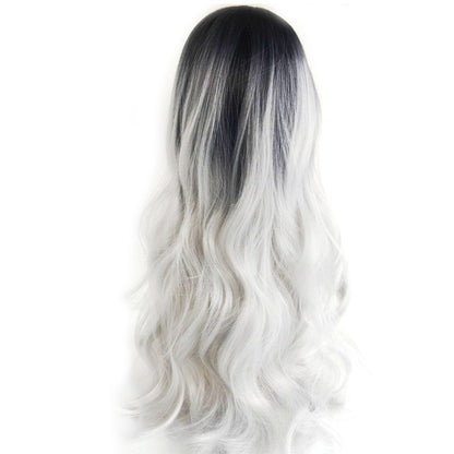 Black silver gray mid-point long curly hair cos fake