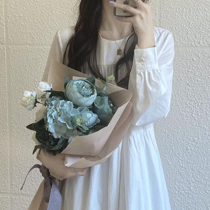 Korean Style Long Sleeve Round Neck Mid-Length Dress