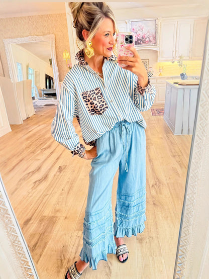 Fashionable Casual Versatile Long-sleeve Leopard-print Patchwork Cardigan Striped Shirt