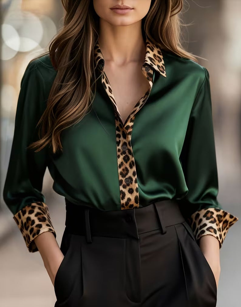 Womens Long-Sleeve Leopard-Print Crew-Neck Spliced Satin Shirt