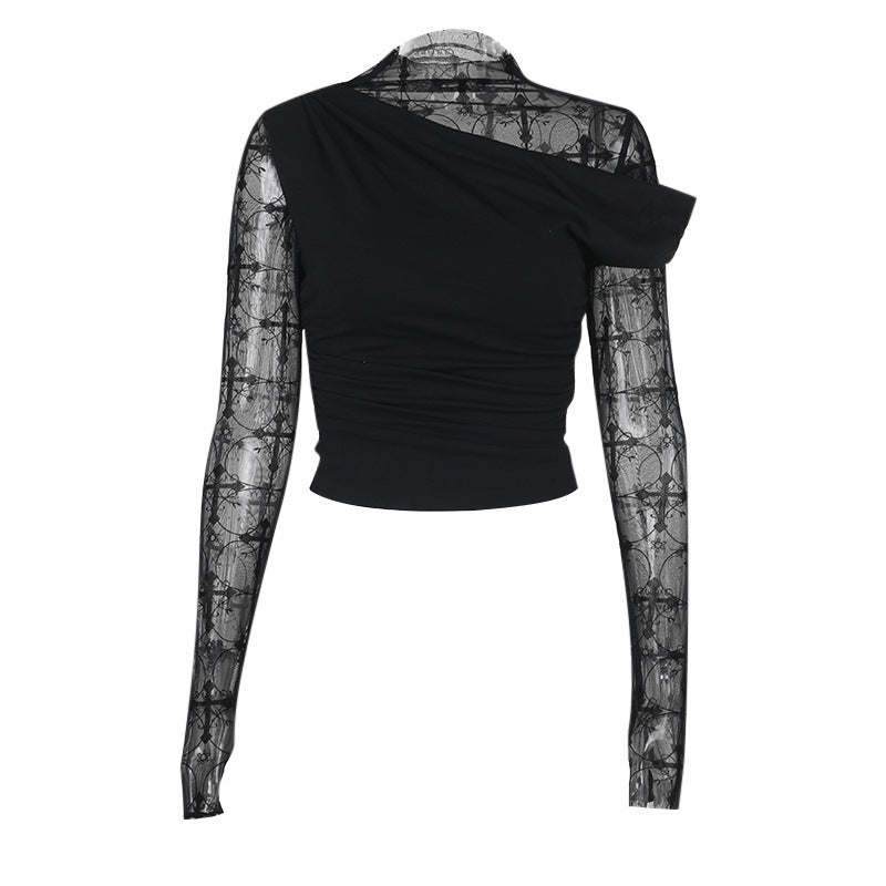 Womens Lace Bodycon Patchwork Hollow Long-Sleeve Top