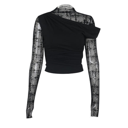 Womens Lace Bodycon Patchwork Hollow Long-Sleeve Top