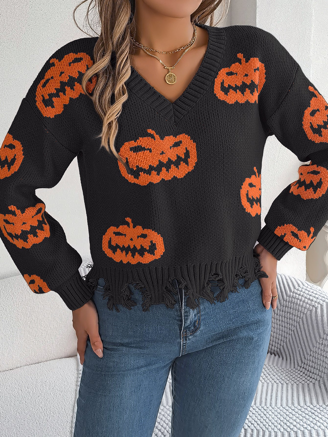 Women Color Block Pumpkin Distressed Long Sleeve Pullover Sweater