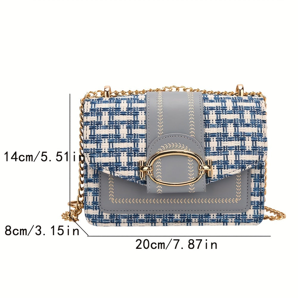 Elegant Plaid Tweed Crossbody Bag – Lightweight Chain Shoulder Purse with Adjustable Strap, Magnetic Buckle Closure, and Leather Lining for Stylish Everyday Use