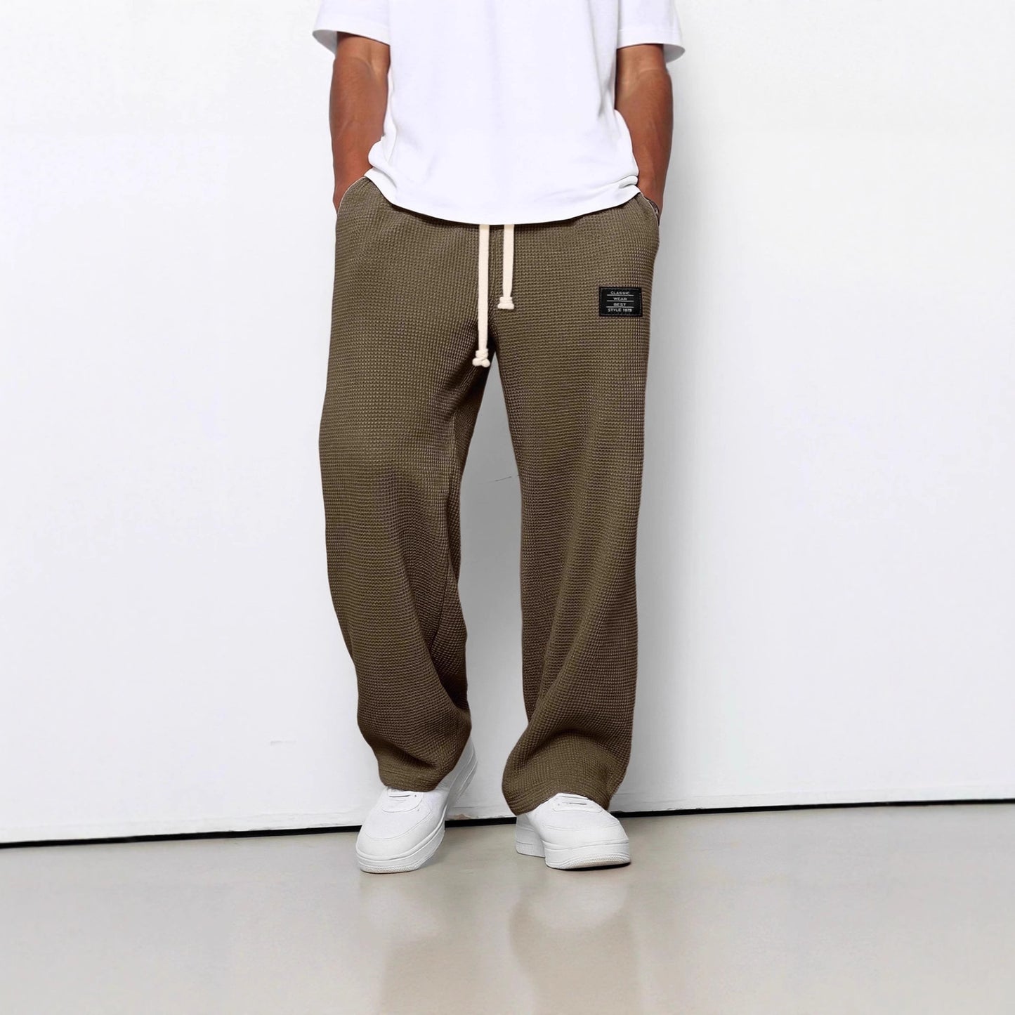 Waffle Straight Pants Fashion Brand Loose Loose  Drawstring Pockets Trousers Casual Men's Clothing