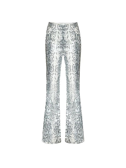 Low Rise Snake Print Sequin Slim Fit Flared Pants