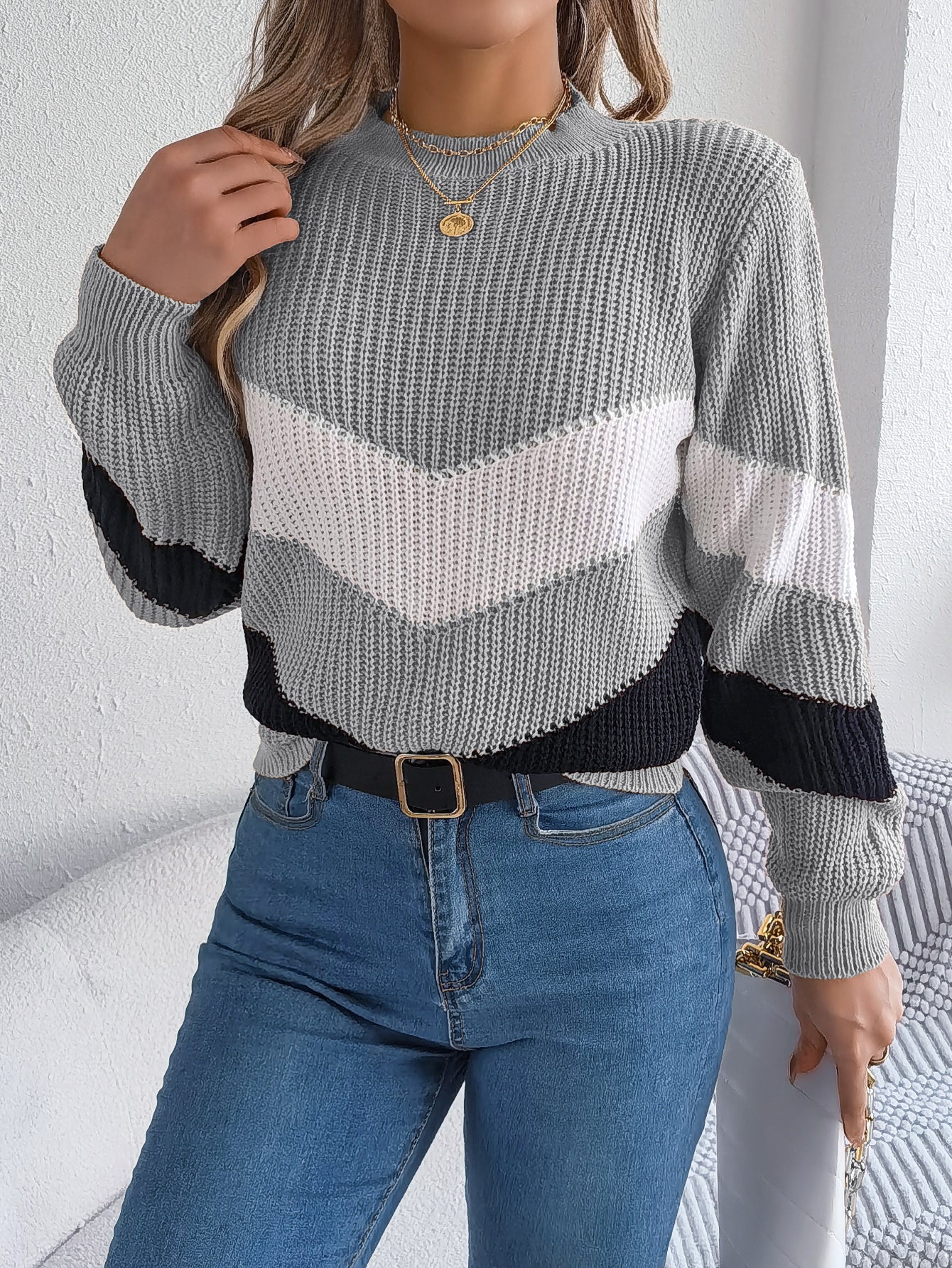 Women Casual Color Block Lantern Sleeve Pullover Sweater