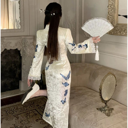 Women's Retro Chinese-Style National-Style Silk Velvet Cheongsam Dress