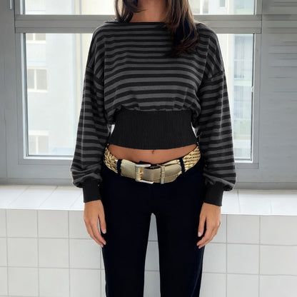 Retro Striped Cropped Top With A Cinched Waist Designslimming And Navel-baring