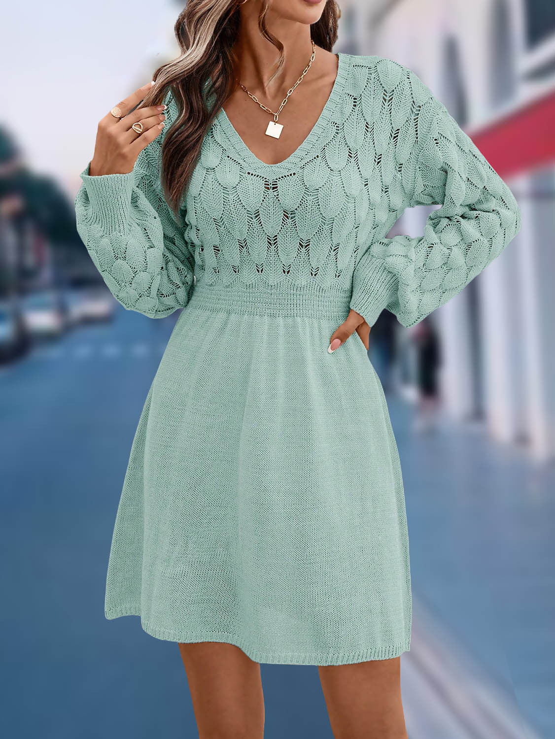 European And American V-neck Beach Dress Long Sleeve Dress