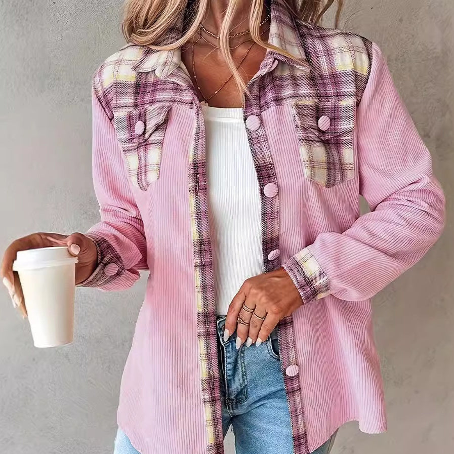 Women's Long-sleeved Plaid Contrast Color Coat