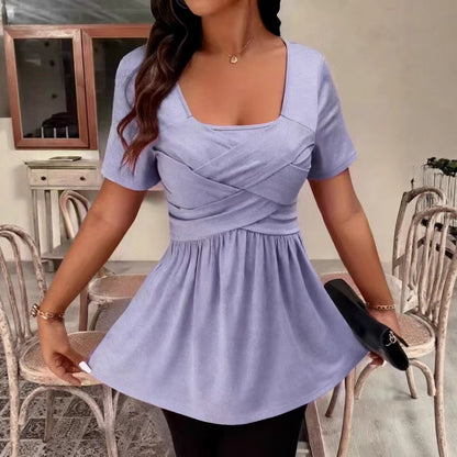 Solid-color Square-neck Front-cross-strap Short-sleeve Casual T-shirt