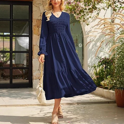 Women's Solid-Color Pleated V-Neck Flowy Casual Dress