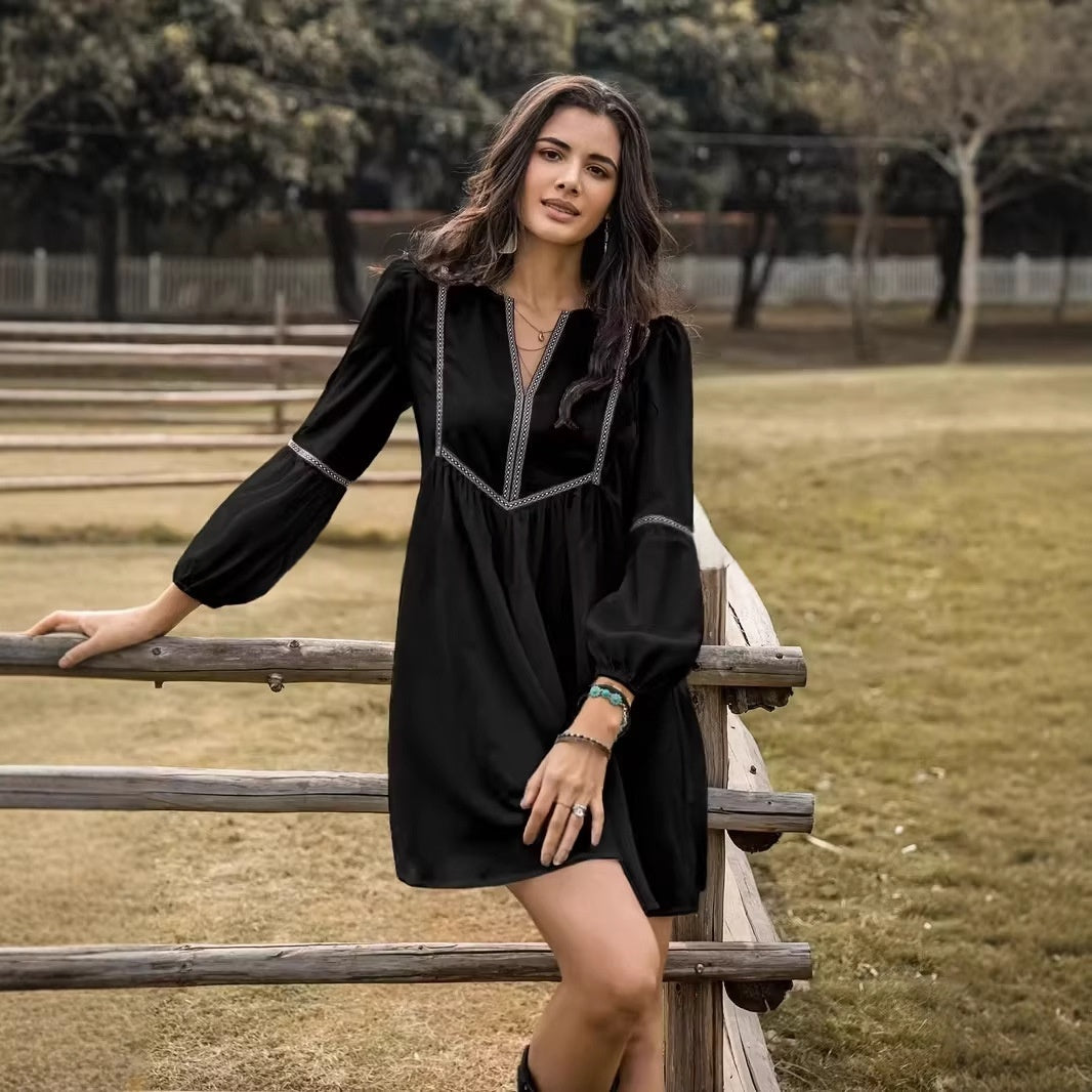 Women's Intellectual Casual Long-Sleeve V-Neck Dress