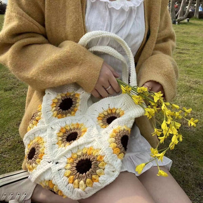 Hand-woven Bag Wool Crochet Cute Sunflower Since Shoulder Tote