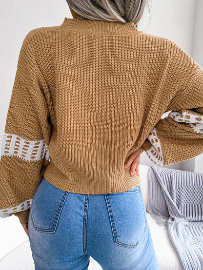 Women Designer Color Block Lantern Sleeve Cardigan Sweater Coat