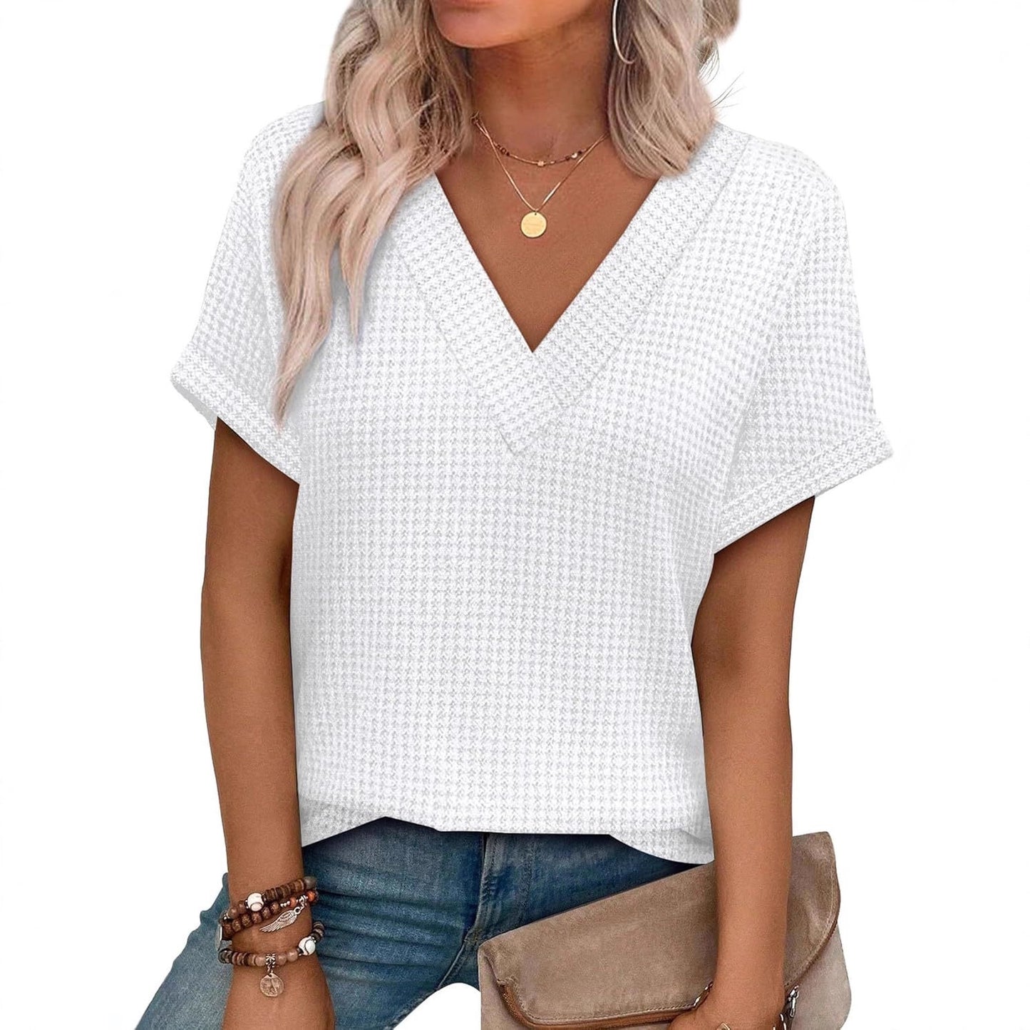 Casual Striped Textured Short-Sleeve Arrival V-Neck Knitted T-Shirt