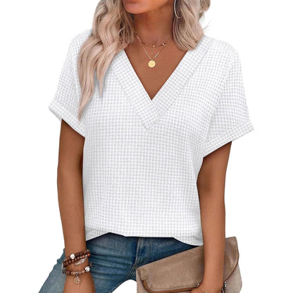 Casual Striped Textured Short-Sleeve Arrival V-Neck Knitted T-Shirt