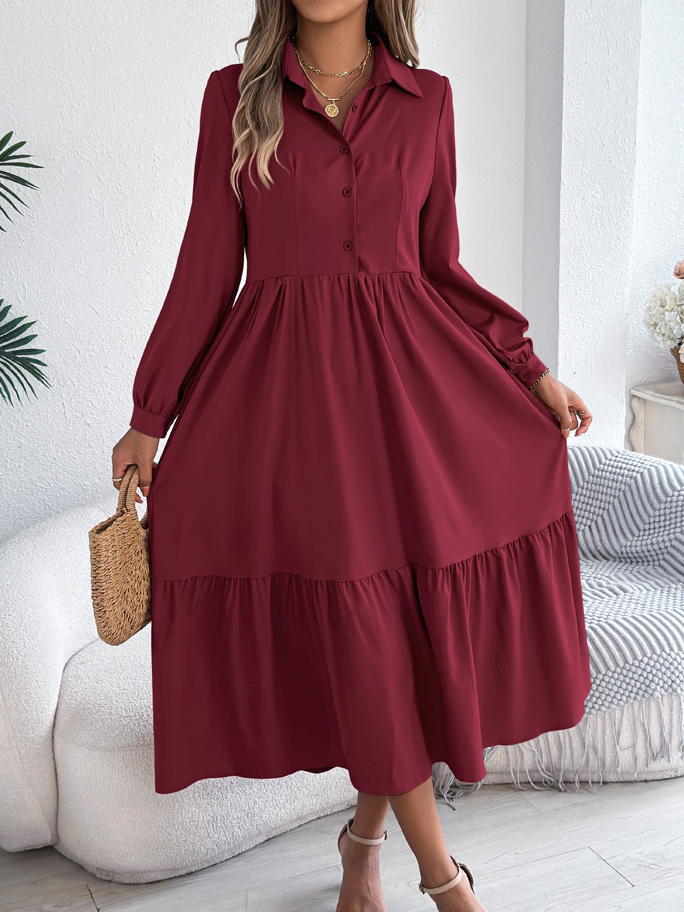 Women's Lapel Casual Loose Long Sleeve Ruffled Shirt Dresses Long Sleeved Turn-down Collar Single-Breasted Dress Spring Autumn Fashion Women's Clothing For Vacation
