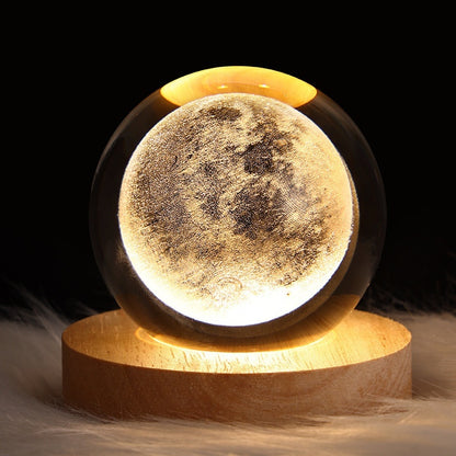 3D Crystal Ball Night Light - USB Powered Projection Lamp with Wooden Base | Moon, Ferris Wheel & Forest Designs